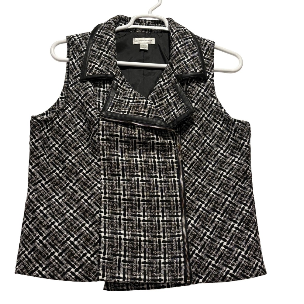 Christopher Banks Black White Plaid Faux Leather Trim Zip‎ Vest Women's Size XL